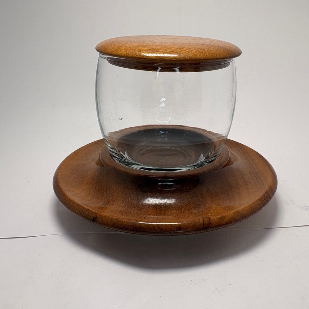Vintage Wood Glass Bowl Canister Tray Lid Mid Century Unique Rare Oregon Myrtle
